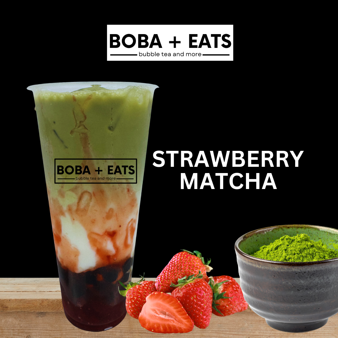 Signature strawberry matcha boba with fresh strawberries and matcha powder